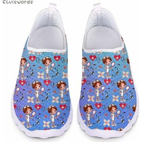 ELVISWORDS Gradients Cartoon Nurse Print Ladies Leisure Flats Shoes Fashionable Breathable Sneakers Flats Loafers for Women