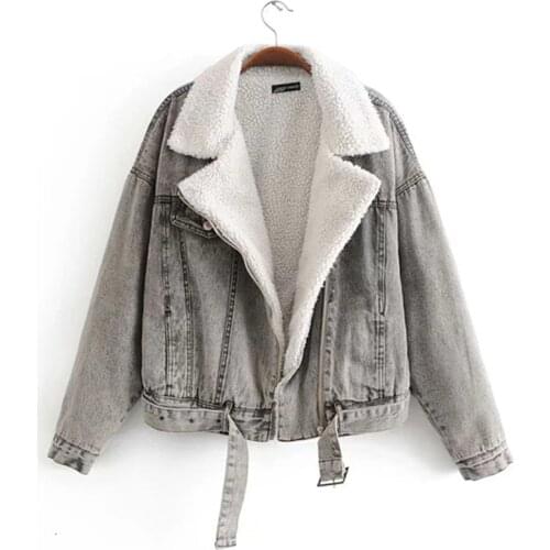 Winter Women Motorcycle Biker Denim Jacket Female Warm Fleece Short Denim Coat Woman Gray Blue Jean Jacket Outwear Windbreaker