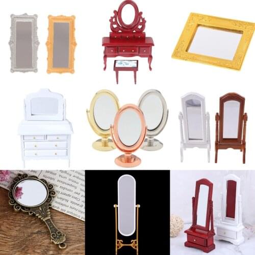 1PCS 1/12 Scale Bathroom Doll House Miniature Vintage Mini Dressing Dresser Mirror Frame Dolls Furniture Toys