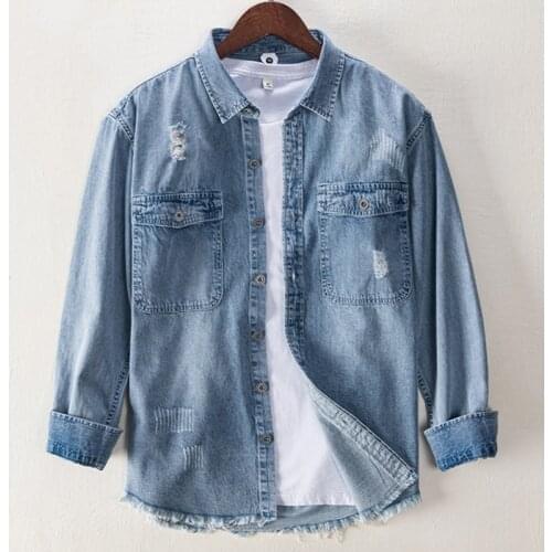 2021 Spring New Men Retro Ripped Denim Shirt Business Casual Loose Long Sleeve Denim Jacket Four Seasons Top Male Brand Clothes