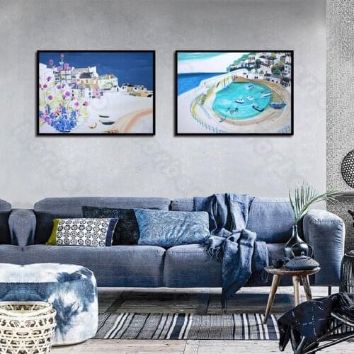 Seaside Landscape Picture Wall Murals Canvas Painting Poster Various Houses Plants Boats for Living Rooms Bedroom Decoration