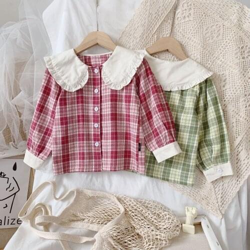 New Loose Kids Doll Collar Tops Shirts 2020 Spring Autumn Girls Long Sleeve Plaid Blouses Kids Cotton Blouses Girls Blouse 2-7T