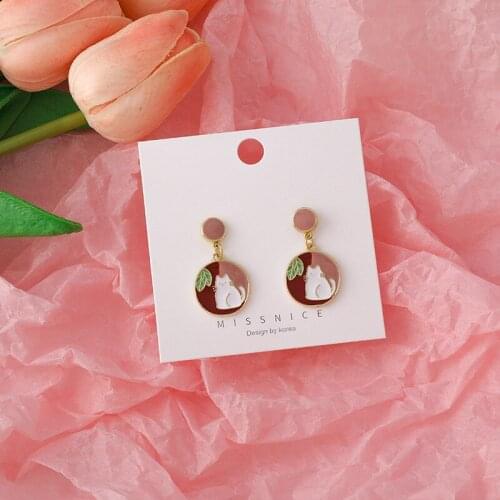 Origin Summer Cute Japanese Cat Dangle Earring for Women Gifts Geometrical Circle Asymmetric Contrast Color Earring Jewelry