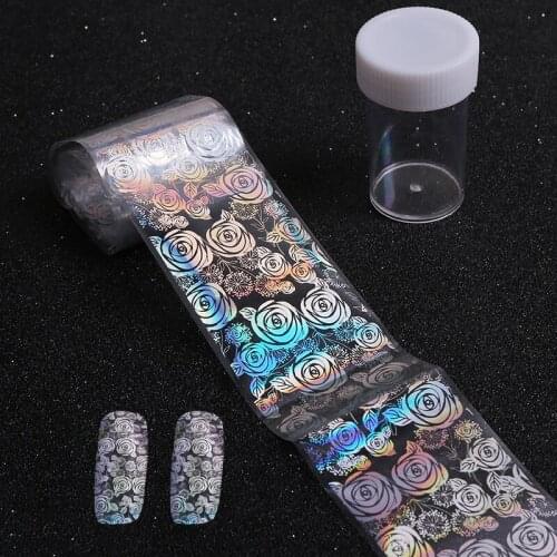 Full Beauty Transparent Colorful Paper Nail Foils Rose Stripe Flower DIY Laser Glitter Nail Adhesive Sticker