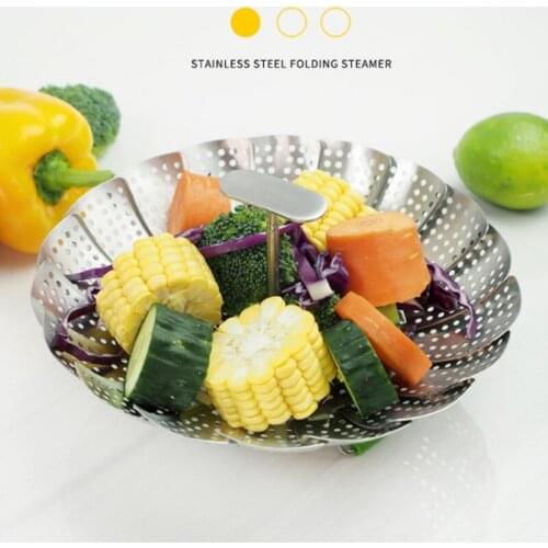 9 Inch Food Grade Stainless Steel Variety Steamer Extendable Pull Handle Folding Steamer Fruit Bowl Kitchen Vegetable Tools