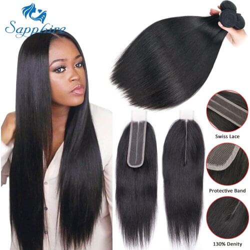 Sapphire Human Hair Bundles With Closure 2# 4# 99J Straight Weave Bundles 3 PCS With 2*4 Closure Human Hair Bundles with Closure