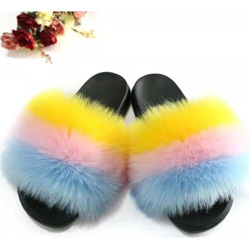 2021 New Summer Luxury Fluffy Flat Slippers Womens Outdoor Furry Faux Fox Fur Flip Flops Women Beach Plush Slides Shoes TX410