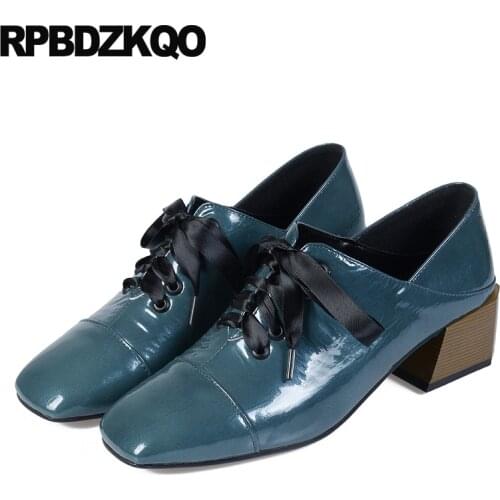 Thick fashion patent leather pumps brand designer shoes women blue sandals autumn mules slipper square toe chunky lace up 2019