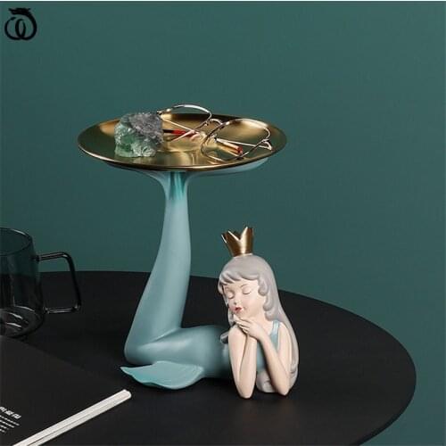 WU CHEN LONG Modern Lucky Mermaid Girl Art Sculpture Dolphins Animal Figurines Receive Tray Resin Craft Home Decoration R6269