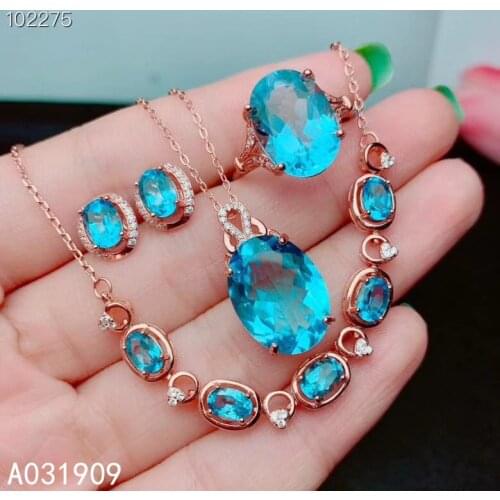 KJJEAXCMY boutique jewelry 925 sterling silver inlaid Natural blue topaz Bracelet pendant Earring Ring Suit Support Detection