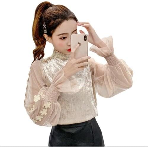 Fashion New Arrival Women Blouses Spring Autumn Short Tops 2019 Appliques Long Flare Sleeve Women Casual Shirts Mesh Tops Q1278