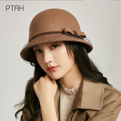 [PTAH] Winter Fedoras Hats For Women Wedding Hat Temperament Elegant Church Autumn Winter Bow Hat Cap 100% Wool Bow High Quality