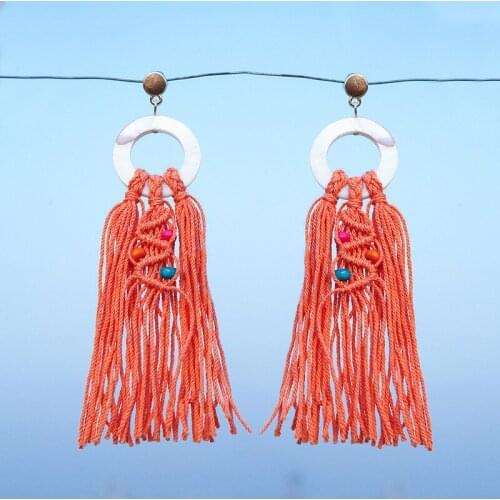 Bohemian Handmade Cotton Woven Macrame Earrings Colorful Wood Beaded Tassel Dangle Earrings Women Ethnic Jewelry Holiday Gift