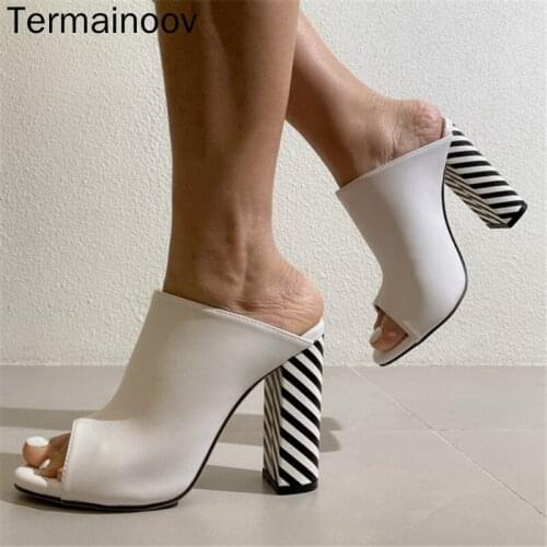 Termainoov Women Slippers High Heel White Thick Heel Ladies Sandals and Slippers Peep Toe Sexy White Shoes