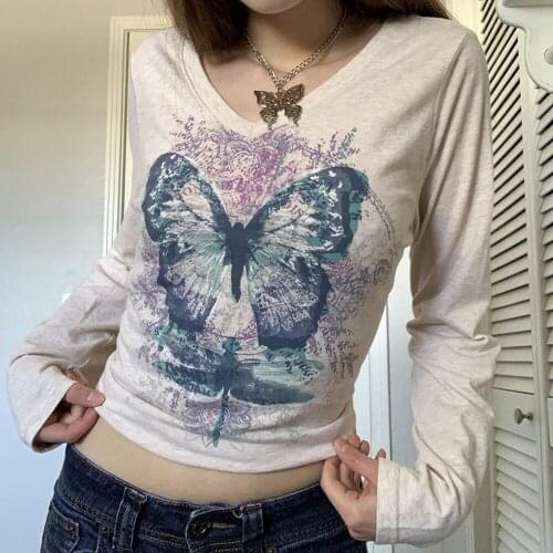 Butterfly Grunge Crop Top White Floral y2k T Shirt Long Sleeve O Neck Pullovers Wome Autumn Harajuku Tee Casual Basic