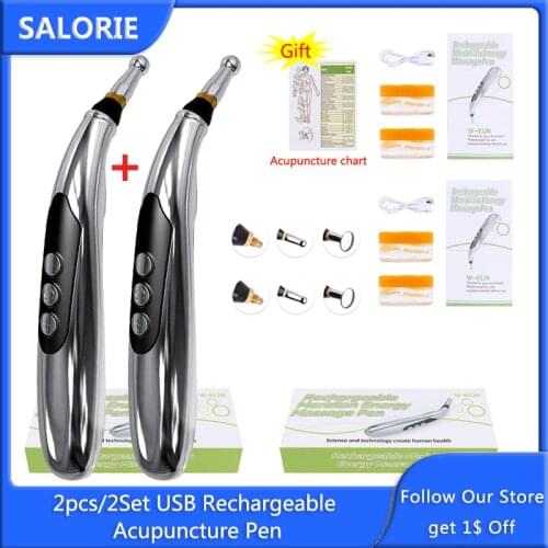 2pcs/2Set USB Rechargeable Acupuncture Pen 3-Head Electronic Meridian Energy Massage Pen Massager Electroestimulador Muscular