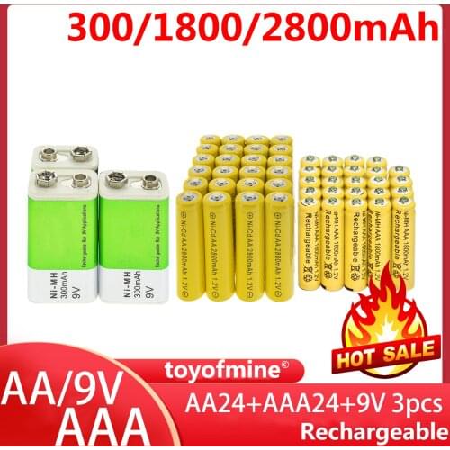 3pcs 9v 300mAh+24pcs AA Ni-Cd 2800mAh+24pcs AAA NI-MH 1800mAh 1.2V Rechargeable Battery yellow