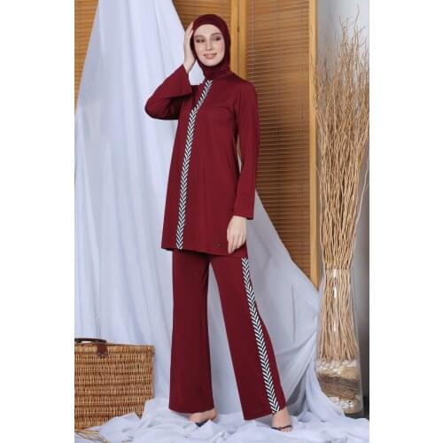 Womens Long Sleeve Slash Detailed Spanish Trotting Hijab Swimwear 20130 Maroon