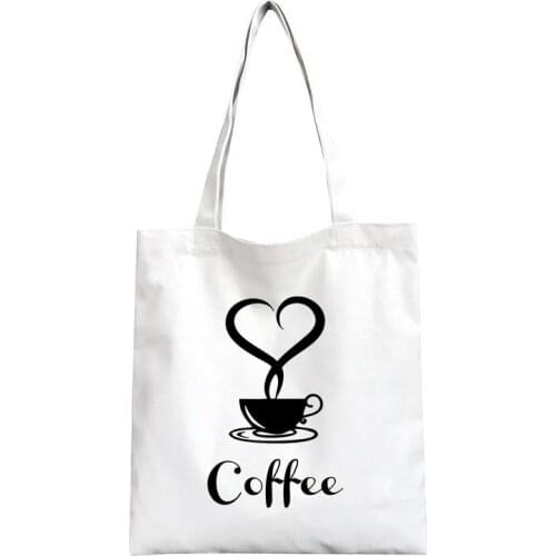 New Coffee Printing Women Canvas Tote Handbag Reusable Folding Female Cloth Shoulder Bag Young Ladies Casual Shopping Bag Girls