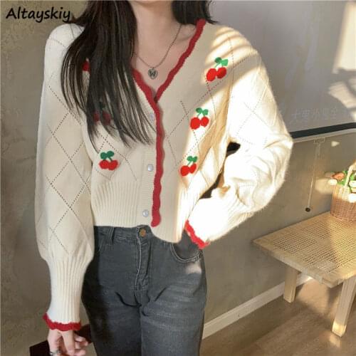 Cardigan Women Sweet Cropped Sweaters Cherry-printed Gentle Knitted Retro Korean Style All-match Fashion Outwear V-neck Feminine