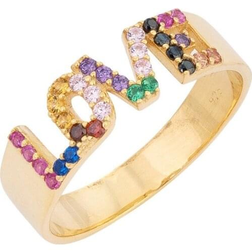 2019 latest new design girlfriend gift Alphabet love letter paved rainbow cubic zirconia gold color band ring