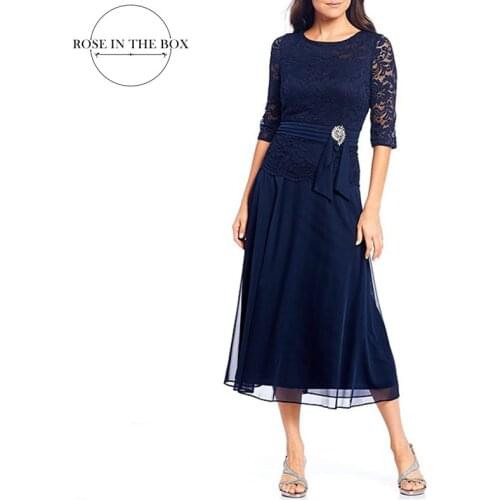 Lace Bodice Ruched Waist With Broach Mother of The Bride Dresses 3/4 Sleeve Plus Size Mother Evening Dresses Vestidos De Madrina
