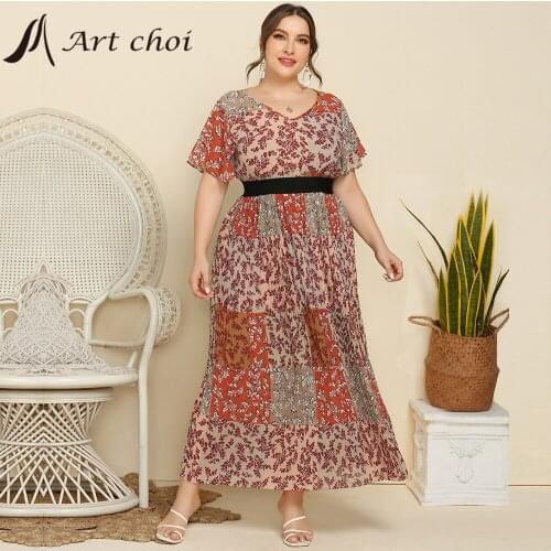 Summer Women Long Floral Vintage Pleated Dress Party Female Boho Beach Splicing Skirt Feifei Sleeve Ladies Vestido Plus size