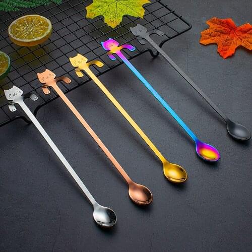Cute 304 stainless steel coffee spoon dessert spoon hanging cup cat spoon golden color colorful dog spoon teaspoon