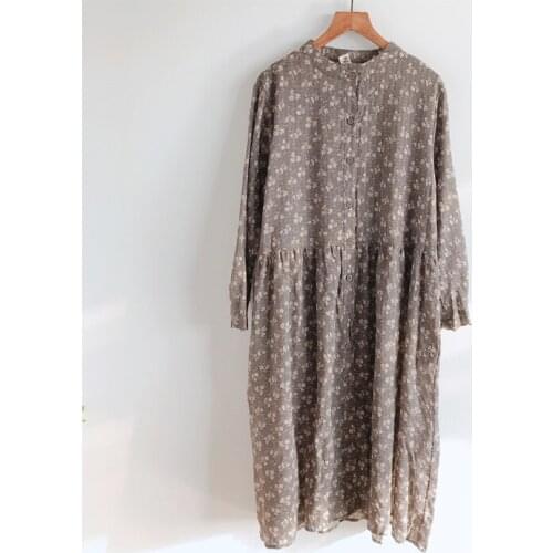 2021 Spring New Literature Art Small Broken Flower Printed Temperament Favors Cotton Render Dress Fashion Women