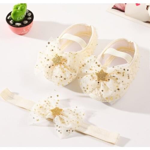 Toddler Shoes Baby Girl Sweet Princess Shoes Star Net Yarn Bowknot Crib Soft Sole Newborn Shoes Headband Set