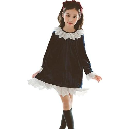 Girl Autumn Vestido Dress Winter Princess Childrens Clothing Kids Fashion Blue Lace Dresses For Age 4-12 Years