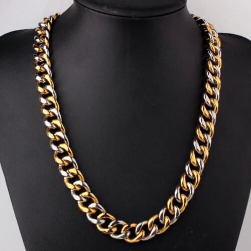 Tiasri 15mm Mens Necklaces Chains Gold Color Stainless Steel Necklace for Men Women Curb Cuban Jewelry Hip-hop Boy Jewelry
