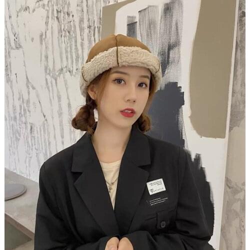 Casual Cute Thicken Suede Splice Lamb Wool Docker Beanie Hat Rolled Cuff Vintage Plush Brimless Skullcap Cap