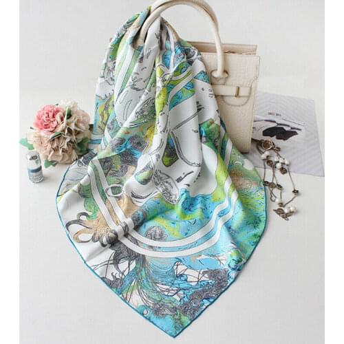 Luxury 100% Twill Silk Scarf Green Kerchief Women Fashion Printed Square Shawl Hijab Head Neck Bandana 35"*35"