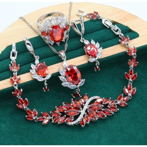 Luxurious Wedding Silver Color Jewelry Set for Women Bride Red Zircon Bracelet Earrings Necklace Pendant Ring Free Gift Box