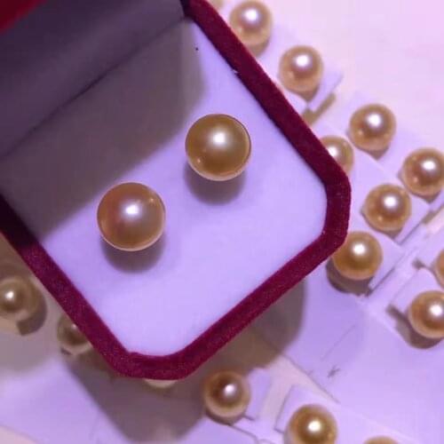 HENGSHENG Hot Sale 10-11mm Natural Seawater Golden Pearls Stud Earrings High Luster 18K Gold Earrings Classic Style For Women