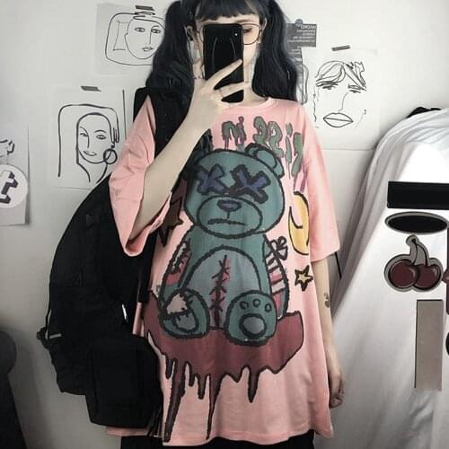 Pink Cartoon Tshirt Streetwear Fummer Oversized Bear T Shirt Women Harajuku Short Sleeves Tops Tee Hip Hop Gothic Devil Tshirt