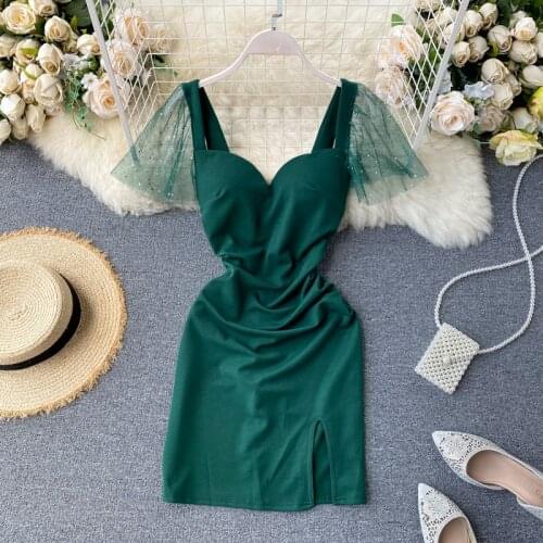 SINGRAIN Women Backless Ruched Strap Dress Summer Mesh Splice Sexy Fashion Split Party Dress Korean Fashion Chic Short Dress