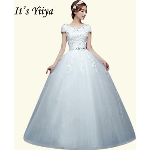 Short Sleeve Wedding Dress Its Yiiya BR705 Boat Neck Lace Wedding Gowns Floor Length Vestidos De Novia Cystal Bridal Dresses