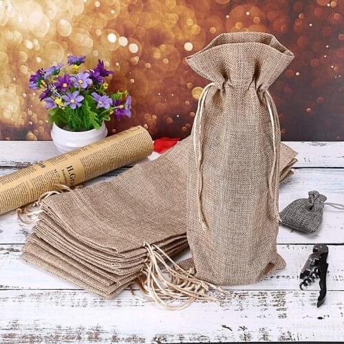 10Pcs Red Wine Bottle Covers Champagne Bottle Bags Pouch Burlap Packaging Bag Jute Wine Bottles Wedding Party Christmas Wine Bag