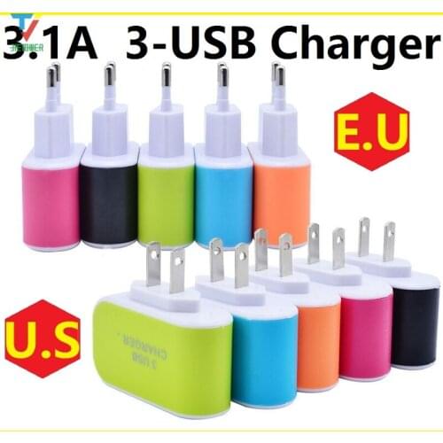 100pcs/lot candy color Triple 3USB ports 3.1A USB AC EU/US wall charger home plug for samsung for iphone 7 6 5 wholesale cheap