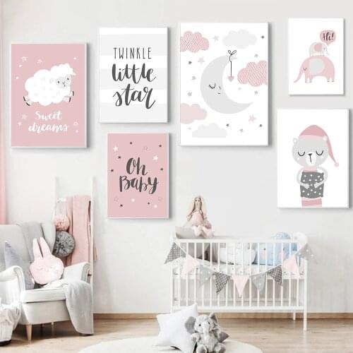 Moon Clouds Wall Art Print Quotes Sheep Poster Pink Bear Elephant Canvas Painting Nursery Wall Pictures Girls Baby Room Decor