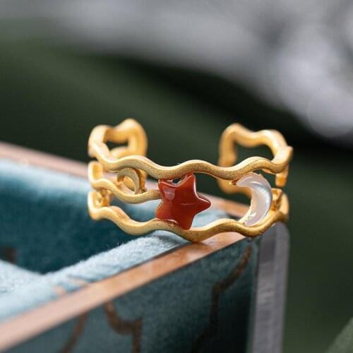Designer original silver inlaid southern carnelian fashion Xingyue opening adjustable ring temperament simple ladies jewelry