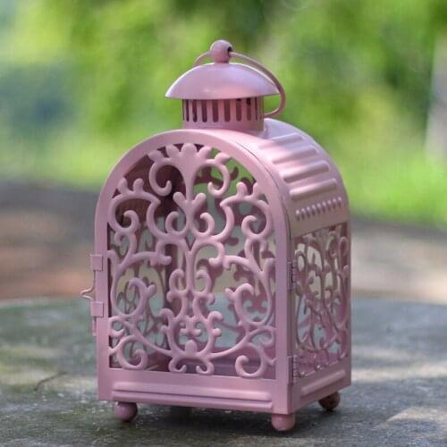 European Wedding Accents Home Garden Decor Hollow Lace Design Small Pink White Green Black Iron Candle Lantern