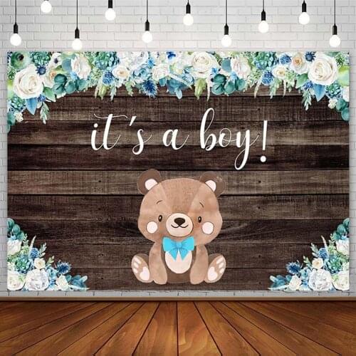 Boy Baby Shower Backdrop Little Bear Blue Flowers Wooden Board Newborn Photography Background Photo Studio Photozone Decor Props