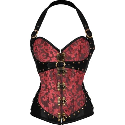 Halter Corselet Steampunk Gothic Retro Vintage Corset Bustier Women Sexy Rivet Steel Boned Floral Shows Play Slim Tops