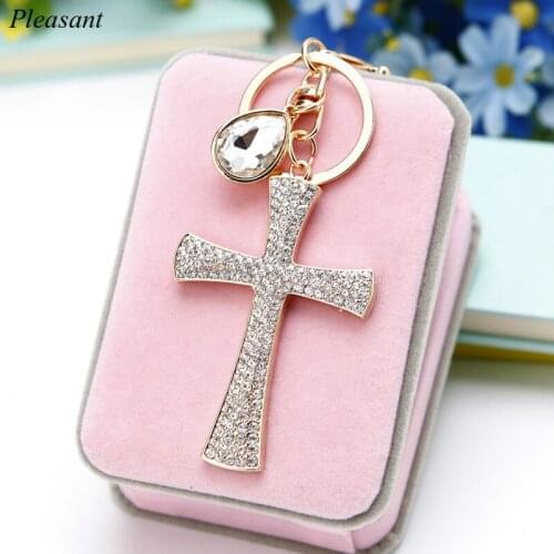 Creative Rhinestone Cross Car Keychain Female Bag Gemstone Pendant Keychain Ring Metal Gift Wholesale