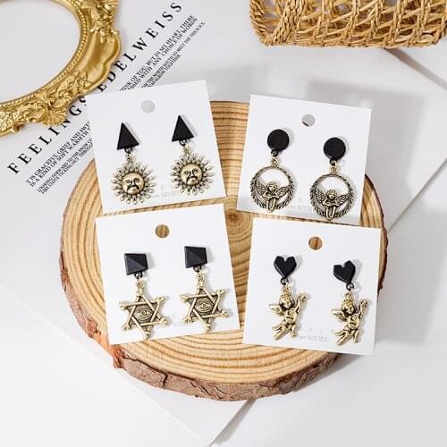 Fashion Antique Hexagram Angel Cupid Pendant Earrings For Women Girls Retro Geometric Charms Stud Ear Jewelry Party Gifts
