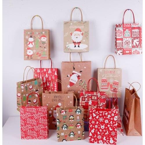 Merry Christmas Gift Bags Kraft Paper Handbag Bag Xmas Tree Snowflake Christmas Candy Box New Year Kids Favors Packaging Bag