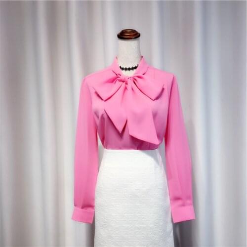 Pink Chiffon Bow Neck Women Blouse Summer New 2021 Long-Sleeved Slim Solid Office Lady Elegant Outwear Tops